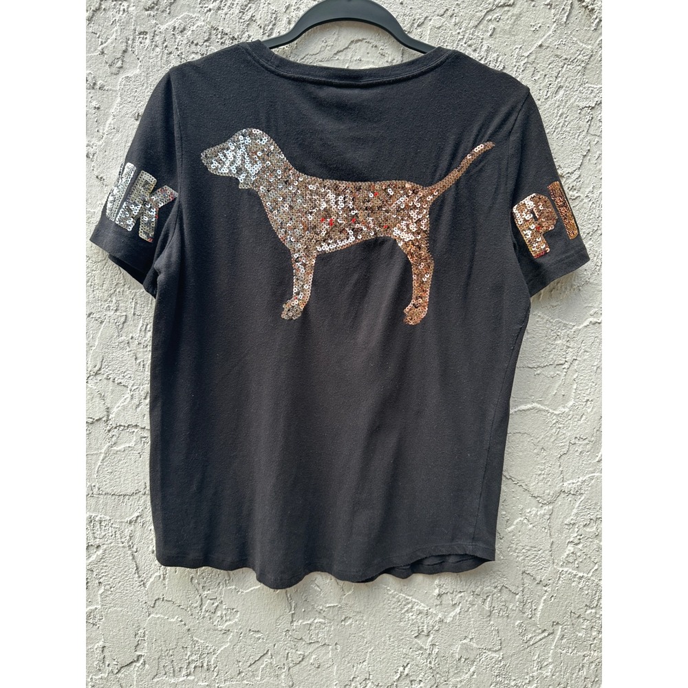 PINK Victoria's Secret Black Sequin Dog Logo Graphic Tee Shirt Medium M